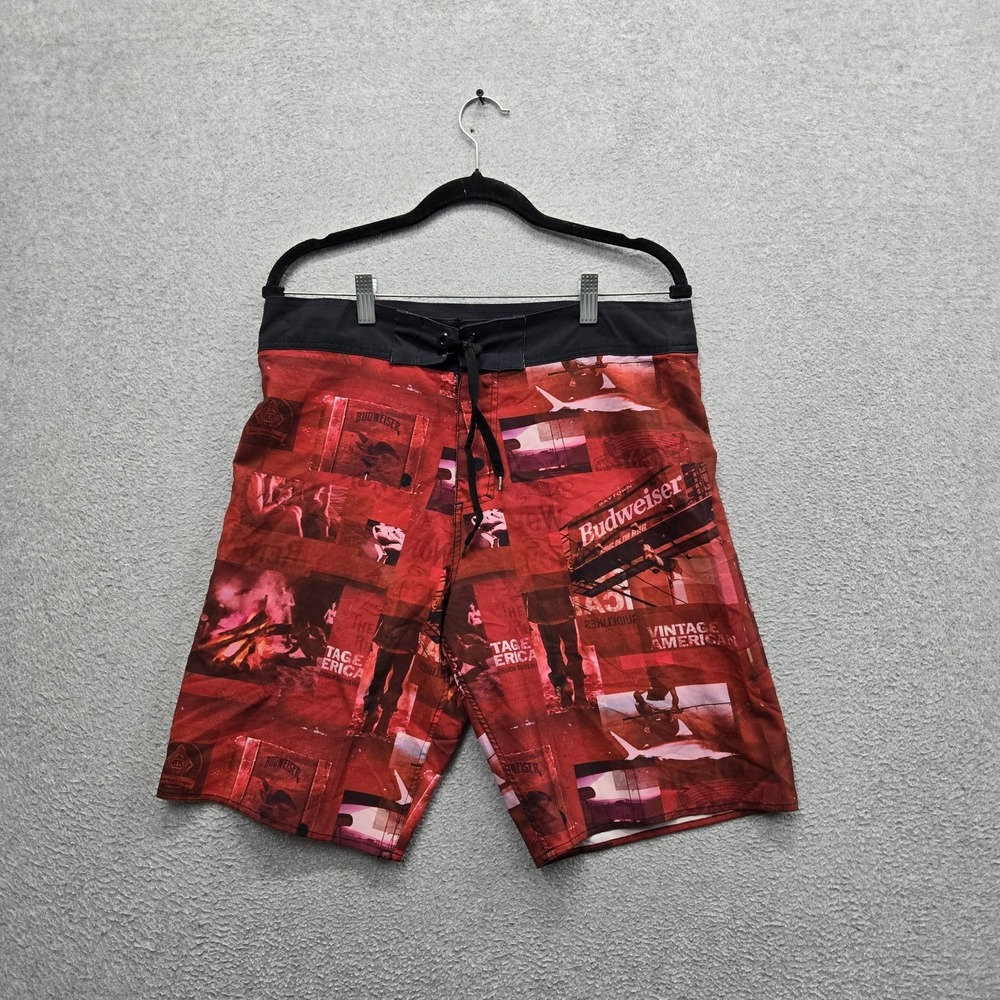 Budweiser Men Shorts 32-34 Red Embroidered Swimwear Graphic Beer Cans Board